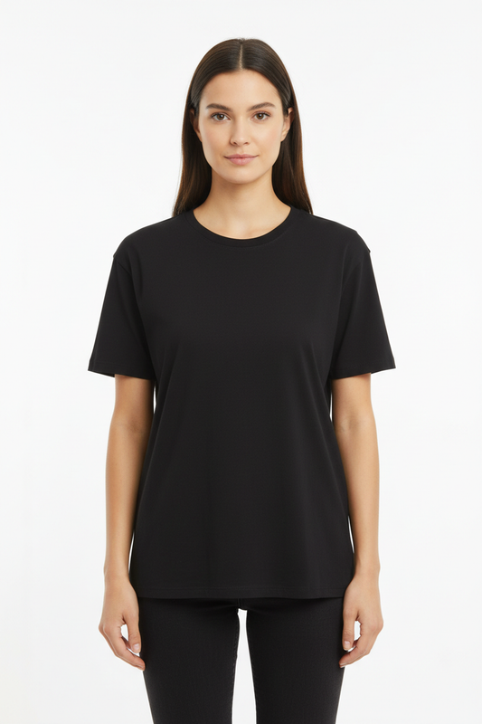 Female model in plain Black Next Level