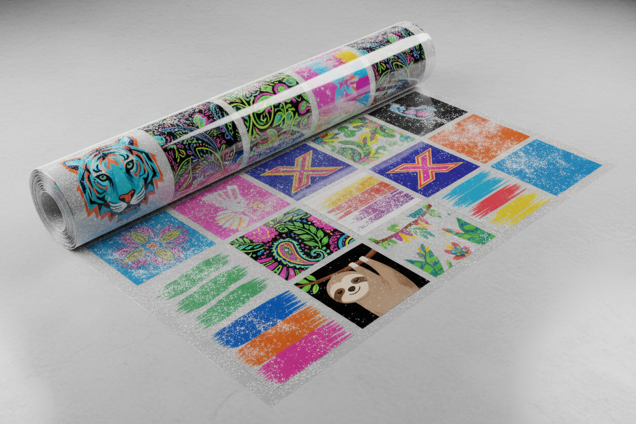 3d image of rolled out dtf with various images printed on it