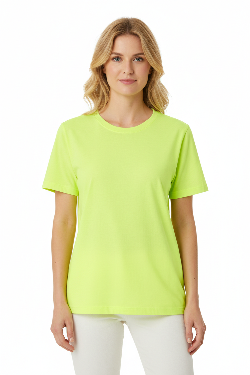 Blonde female model in Fluorescent Yellow M&O