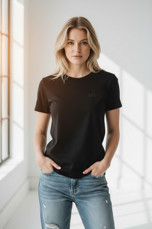 Blonde female model wearing M&O Black T-Shirt