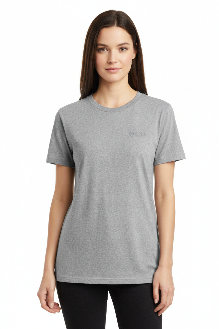 Female model in Heather Grey Tultex 502