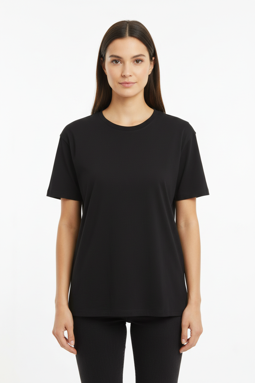 Female model in plain Black Next Level