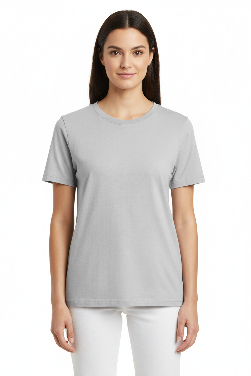 Female model in plain Light Grey Next Level